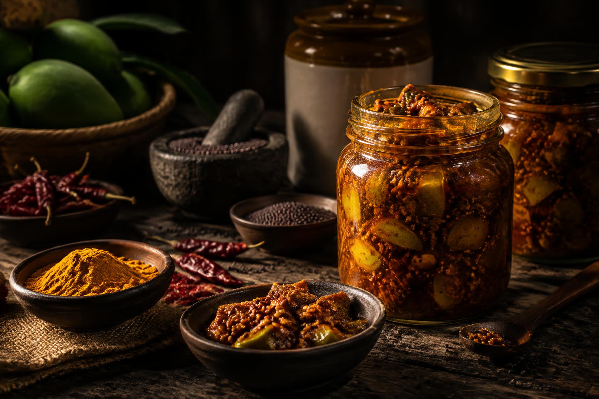 Jars of traditional Indian pickle with mangoes, chillies and spices