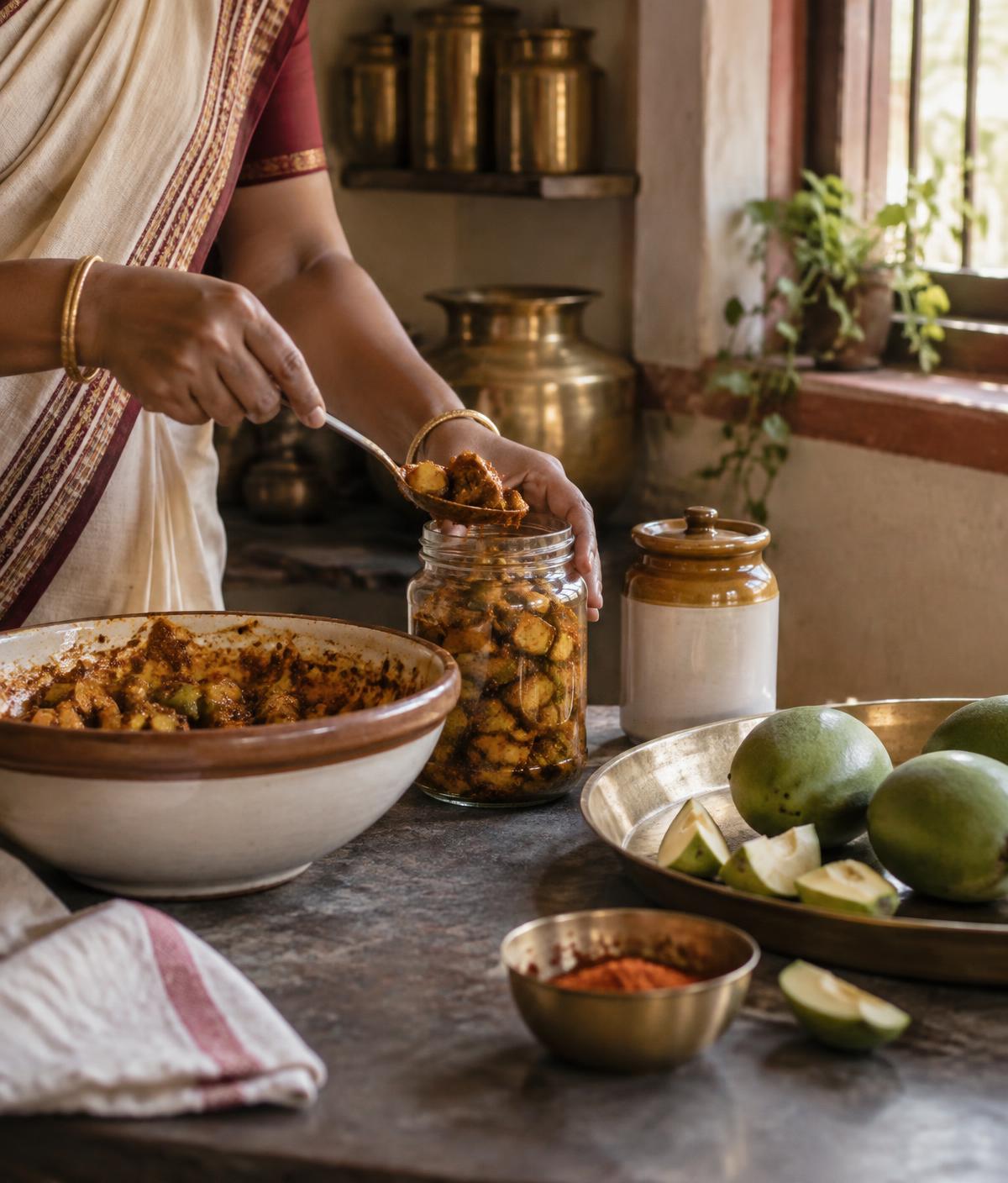 Filling a jar with homemade Indian mango pickle in a traditional kitchen
