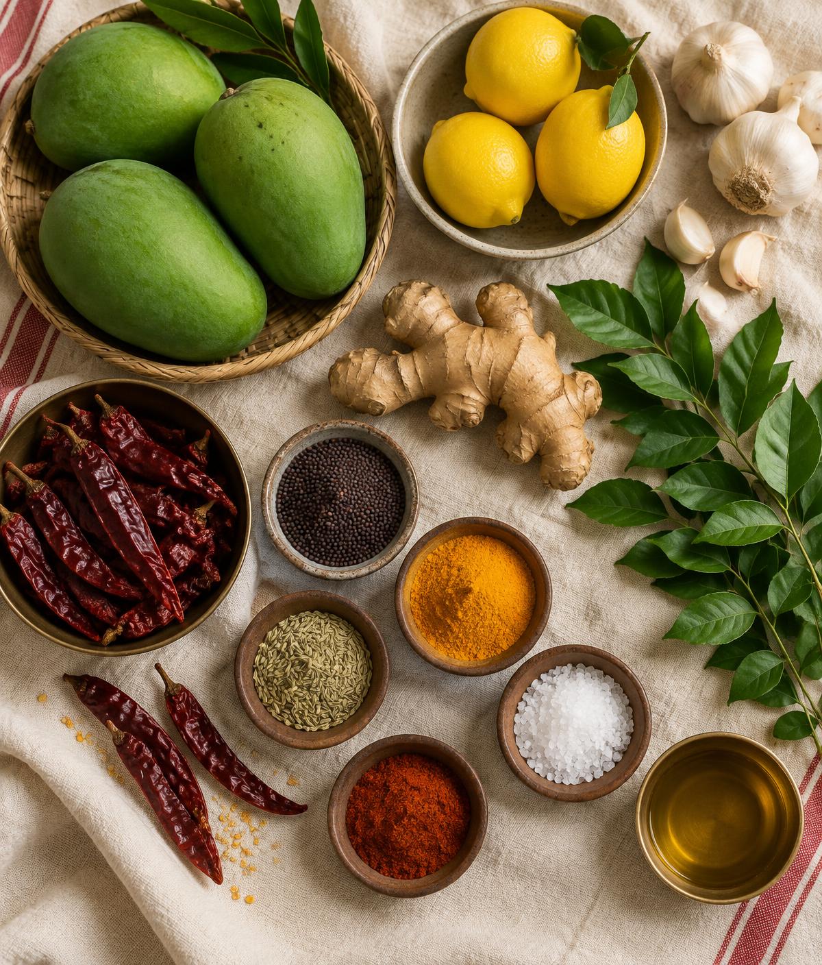 Fresh Indian pantry ingredients including mangoes, lemons, garlic, ginger and spices