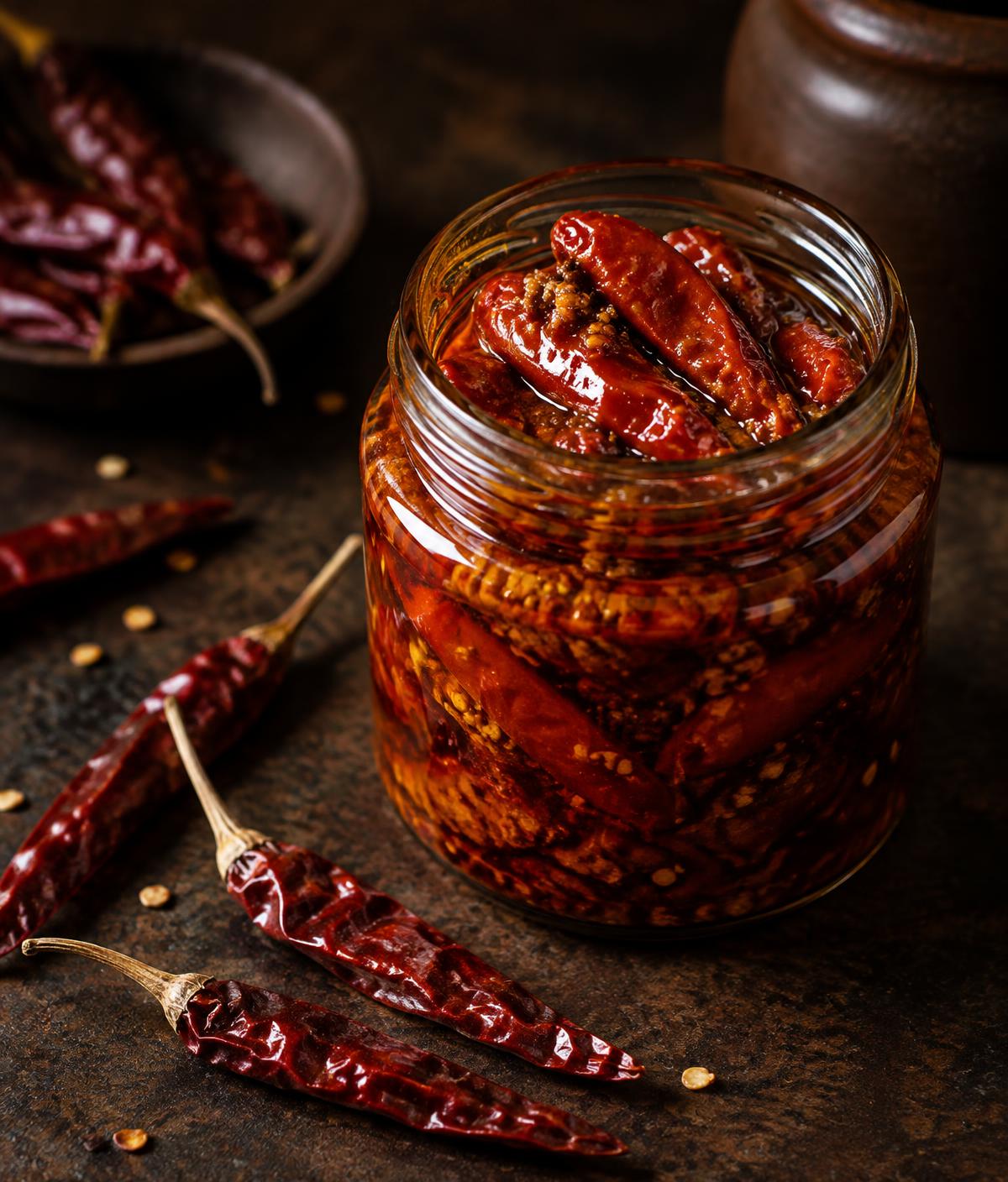 Jar of PSK red chilli pickle with whole dried red chillies